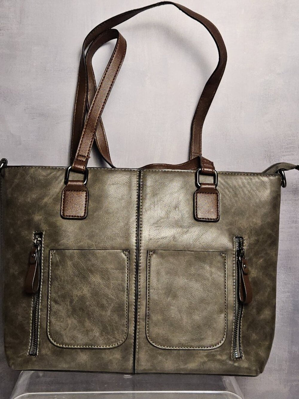 LOVEVOOK Olive Gray Tote Bag | Faux Leather Shoulder Bag Crossbody Work Purse